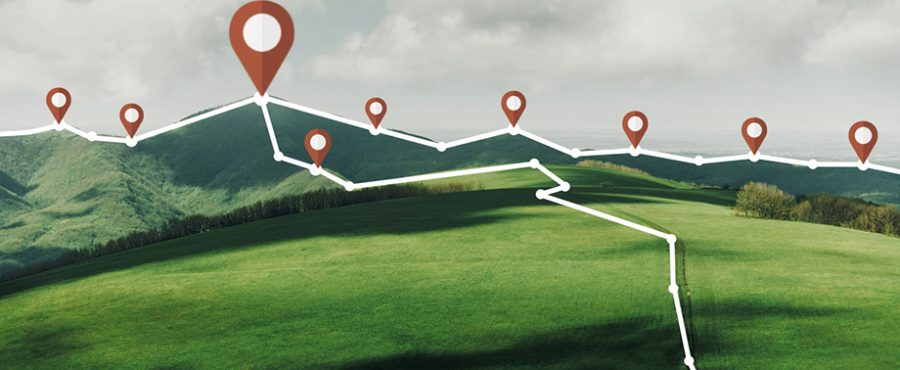 Mountain summer landscape with abstract connected location pins and track. Navigation concept.