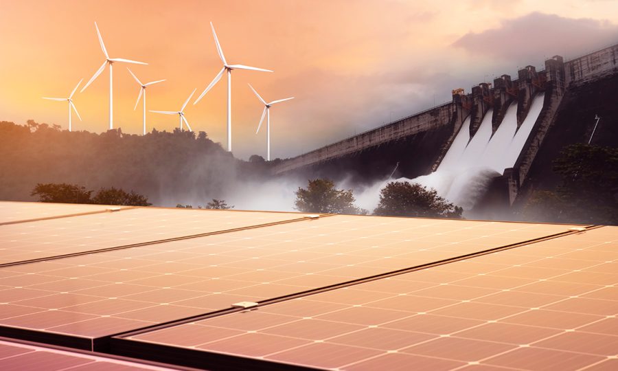 Electricity from solar panels, dams, and wind turbines. Environm