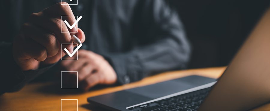 Businessman tick correct sign mark for document approve , project acceptance and quality assurance concept, Take an assessment, questionnaire, evaluation, online survey online exam.