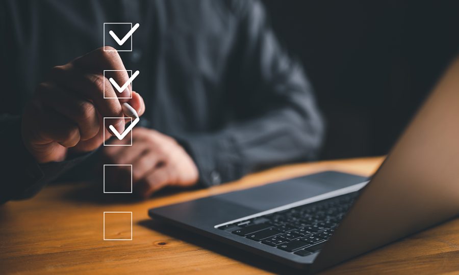 Businessman tick correct sign mark for document approve , project acceptance and quality assurance concept, Take an assessment, questionnaire, evaluation, online survey online exam.